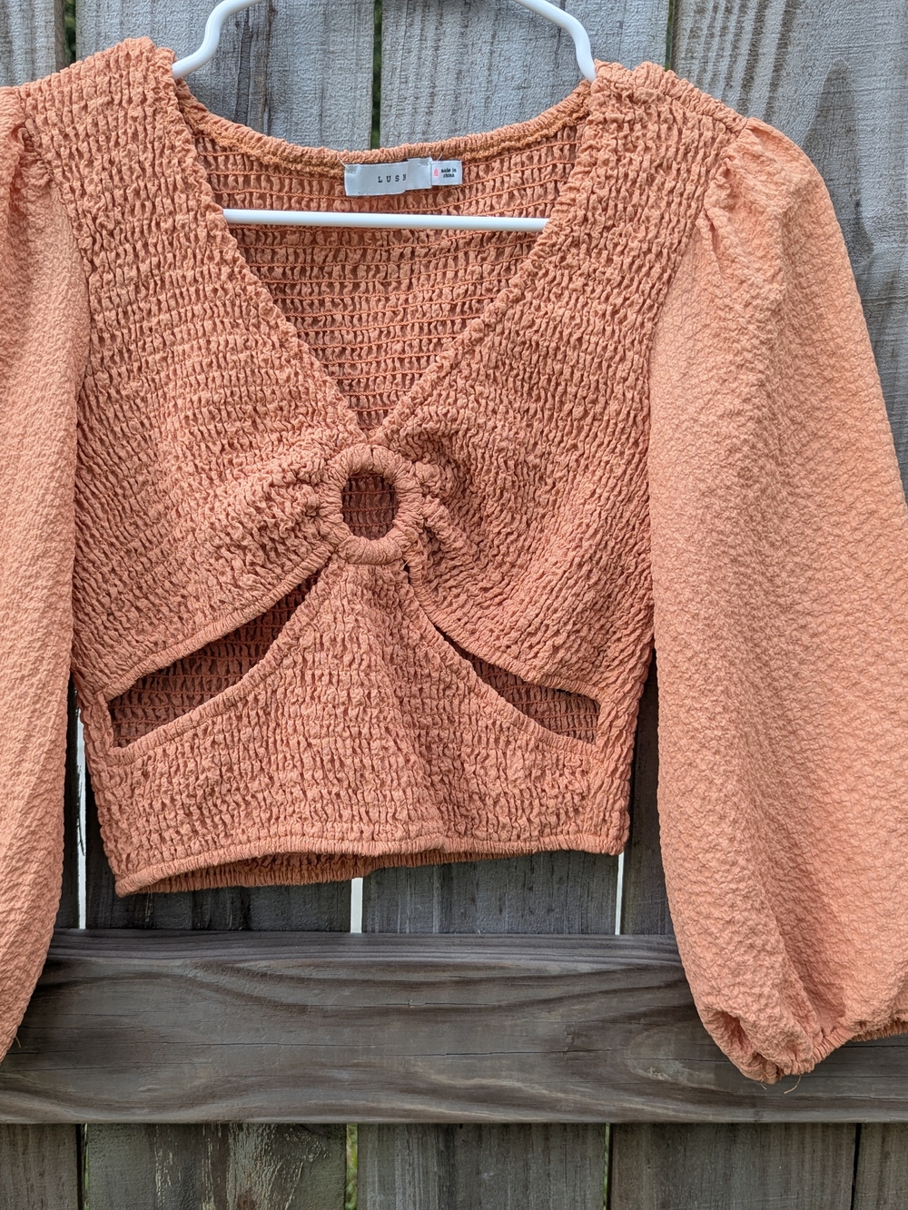 Lush Peach Smocked Ring-Front Long Sleeve Crop Top